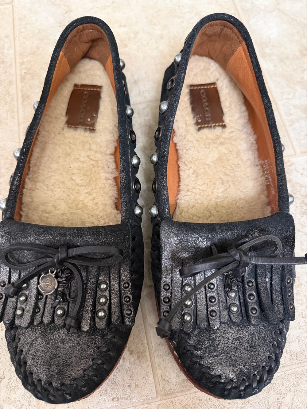 Coach Rexy Roccasin Studded Shearling-Trim Flats